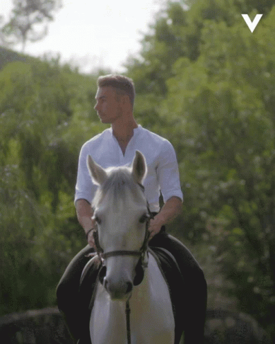 man riding a white horse in the country