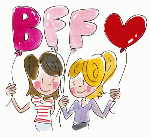 two girls holding balloons say, btf love