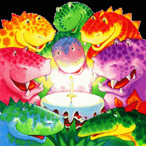 dinosaurs around a lit cake with a lit candle on it