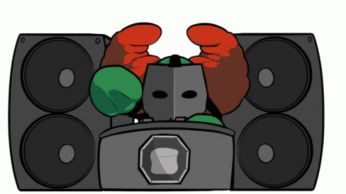 a cartoon character sitting in a sound system