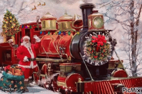 a person standing next to a christmas train