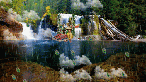 colorful scene of a waterfall and clouds in water