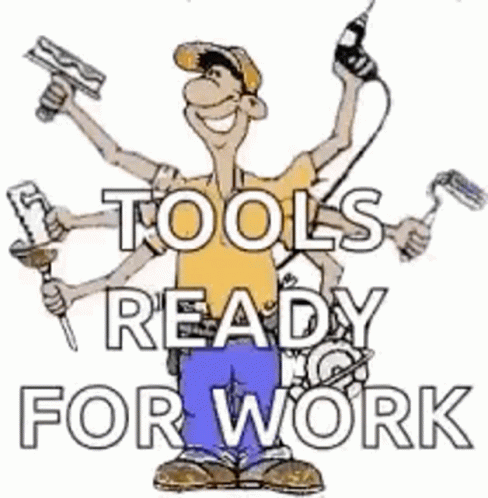 a cartoon man standing with tools in one hand and another with a wrench in the other