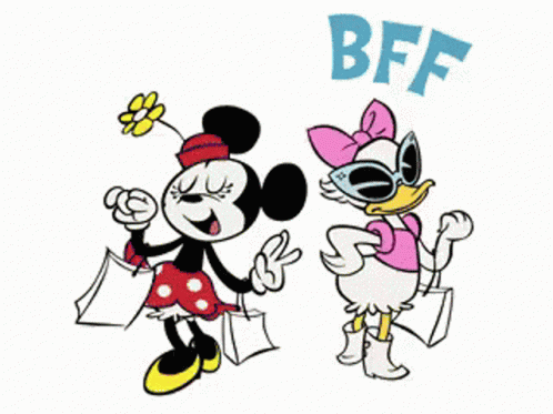 two cartoon mickey and minnie mouse characters wearing purple clothes
