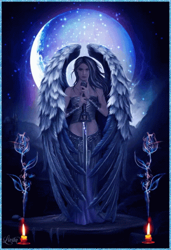 an angel with wings and sword by a large moon