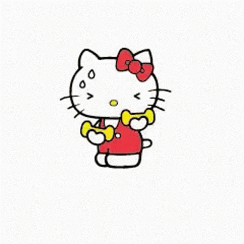 a drawing of a hello kitty wearing a purple bow and holding a blue object