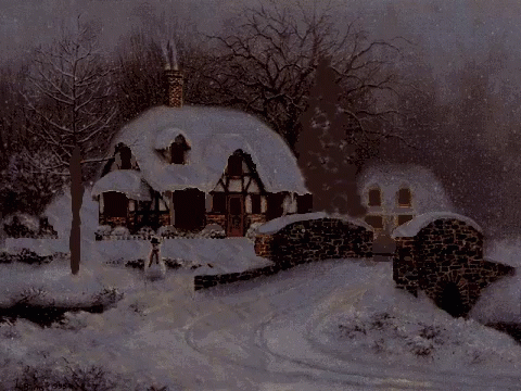 a house is shown in the midst of falling snow