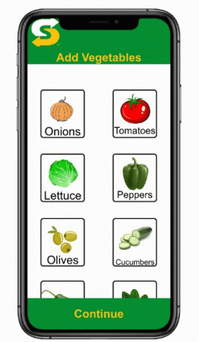 a phone with some vegetables on it and a picture of different fruits