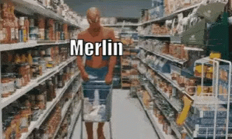 an animated figure walks up and down a grocery aisle
