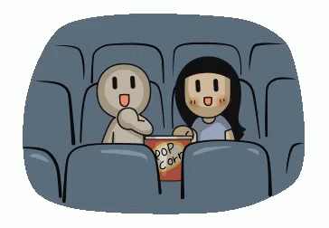 cartoon character in a small theater seat holding a cup