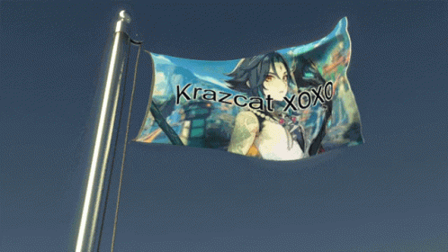a white kite with the words krazcalia on it and images of anime characters flying in the sky