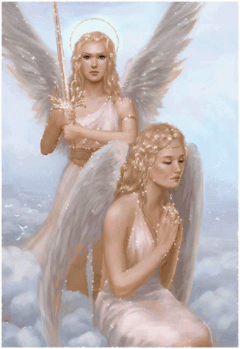 an angel sitting on a cloud and another angel standing nearby