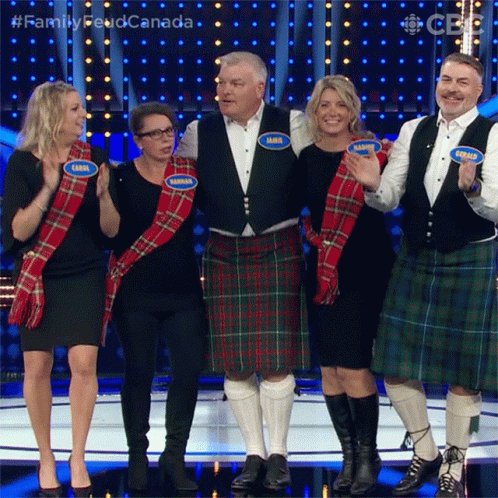 a group of people dressed in kilts with microphones