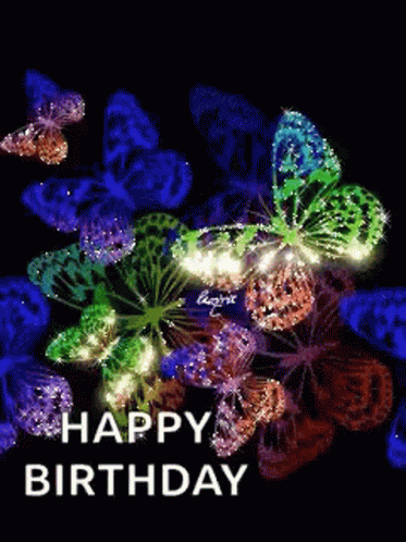a bunch of different colored erflies with happy birthday text on the middle
