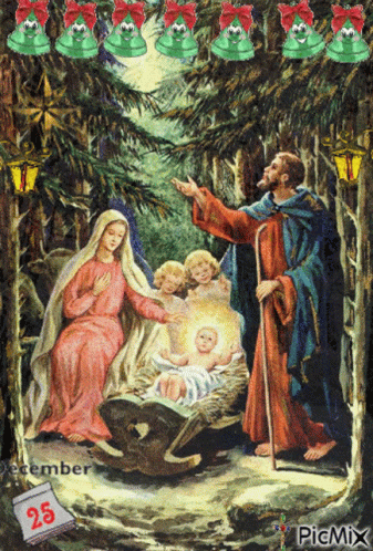 jesus and mary magpie with three children in the manger scene