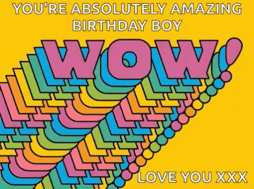 a happy birthday card with different colored blocks and the words wow on it