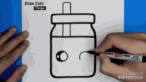 a drawing on paper shows a person holding pens as they draw a mason jar