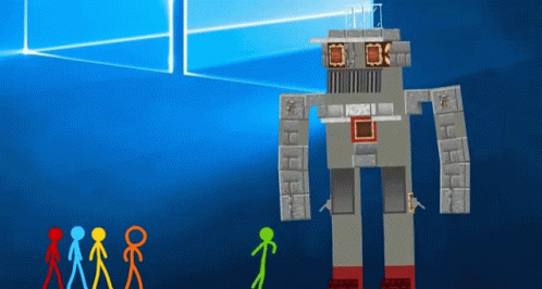the person in front of a robot standing in front of two figures
