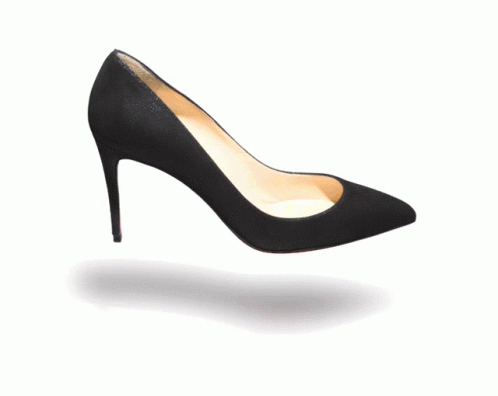 a women's high heel black shoe on a white background
