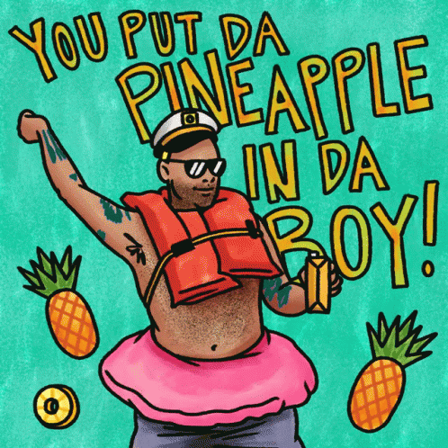 there is an illustration of a man wearing a purple shirt and some pineapples