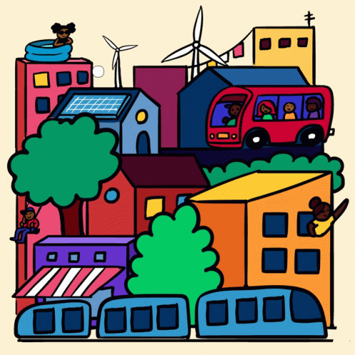 houses with trees and cars in front of them, as well as wind mills