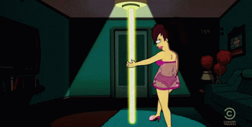 an animated image of a woman with a lit up pole
