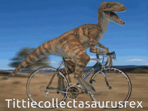 an image of a dinosaur riding a bike on the beach
