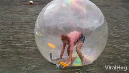 a person inside a giant ball floating in the water