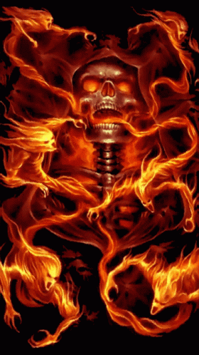 blue flames surrounding a skull in the shape of a flame
