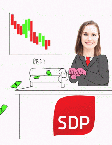 an illustration of a woman standing with her hand in her pockets, with the s d p logo next to her and two graphs
