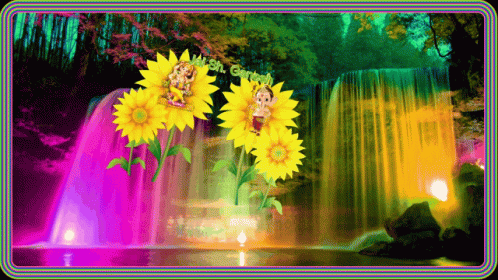 two sunflowers in front of a waterfall with a neon colored frame