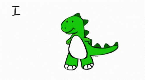 a drawing of a green dinosaur holding the letters i