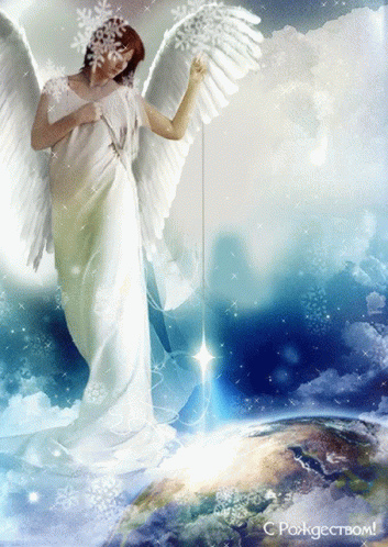 an angel holding a staff standing on top of a globe
