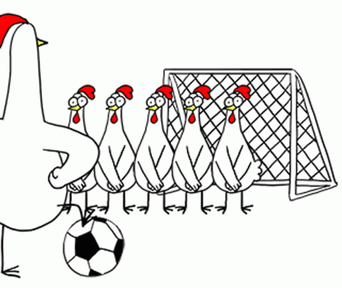 cartoon hand with five chickens kicking around a soccer ball