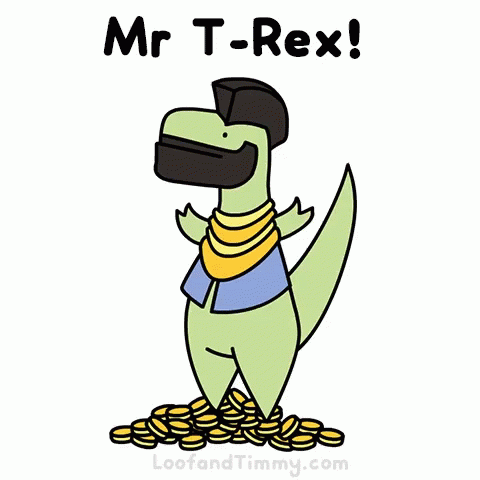 a dinosaur with glasses and tie standing next to some coins