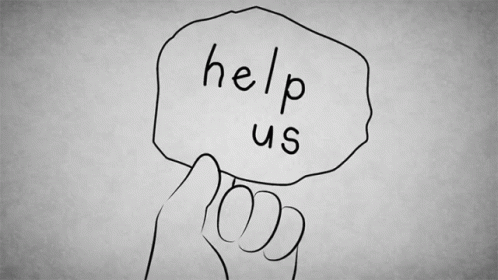 a black and white po with the word help us in handwriting on top of a hand that is holding a round object