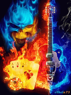 a skull holding a guitar in flames with an orange and blue flame