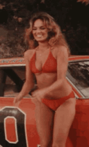 a  woman in a bikini next to a car