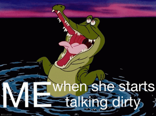 an animated alligator sitting on the ground with words written above it