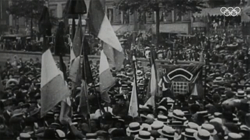 a black and white po of an olympic parade with many flags