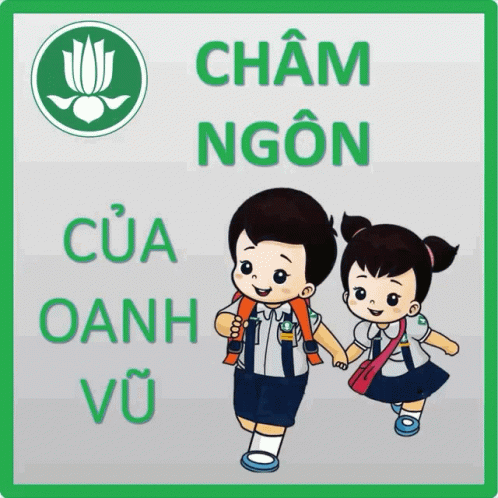 the sign reads'cham ngon'and the picture is two asian children with different expressions, walking hand in hand