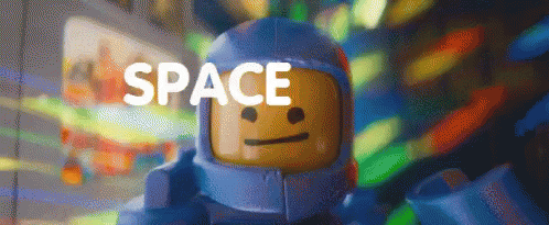 a lego character with an word on the top and a spaceman in front
