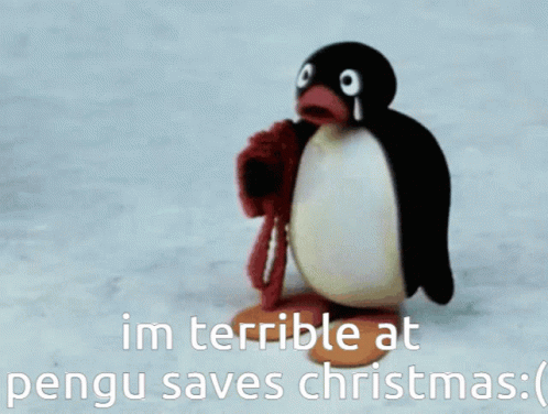 a penguin with its eyes open next to the words, i'm terrible atpengus saves christmas