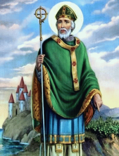 a painting of st patrick of assaunce holding a cross and staff