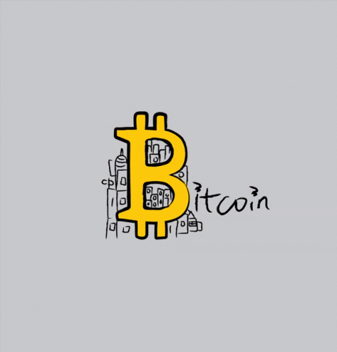 a bitcoin logo with buildings and buildings behind it