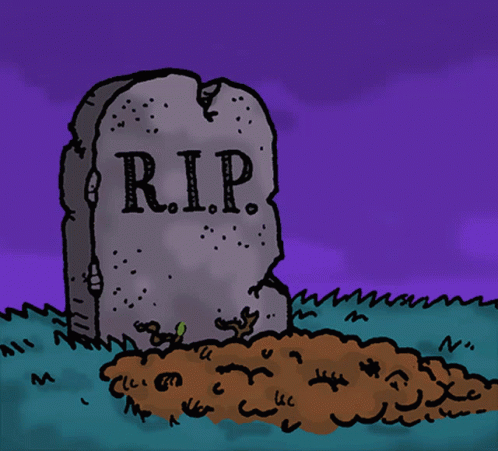 an cartoon of a gravestone with a bird on the grave