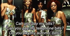 four girls with blue makeup and text that reads, can you pay my bills?