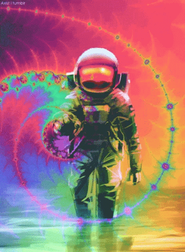 a colorful background with an astronaut holding soing