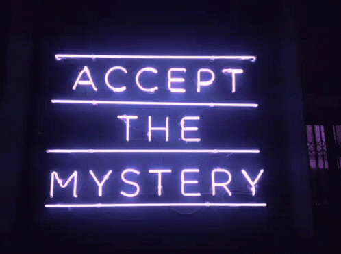 the words accept the mystery appear to be written on neon signs