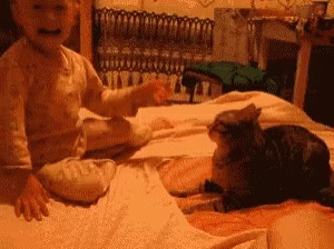 little girl sitting in bed with a cat